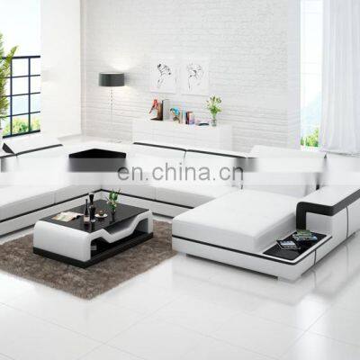 Genuine Solid Wood leather Living Room sofa Furniture with LED lights I Shape sofa Set Designs