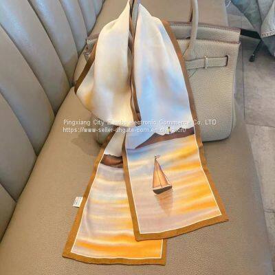 Silk Flowers Paintings Scarf 100% Mulberry Silk Scarves Double Sided Ribbon High Quality photo-4