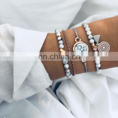 4pcs/Set Bohemian Stone beads chains bracelets Set For Women Metal Heart Round Tassel charm Bangle Fashion Jewelry