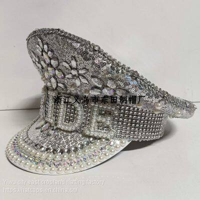 Captain Silver Sequins Shape Hat, Decorated With Diamonds and Jewelry, the Front BRIDE Pearl Text photo-4