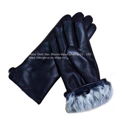Custom Men Black Winter Warm Waterproof Fashion Sheepskin Leather Gloves With Rabbit Fur Lining photo-4