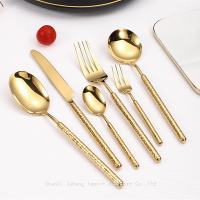 Polished Hammered Gold Silverware Set Heavy Tableware Cutlery Set With Knife Spoon and Fork