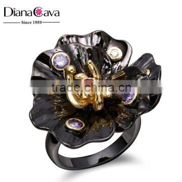 New Flower Design Cocktail Party Black & Gold Plated Amethyst Siam CZ Bezel Ring