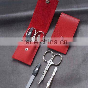 3 piece manicure kit / set with Red color Genuine leather pouch