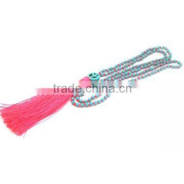 NE2308 Hot sale turquoise knotted peace sign beaded necklace with pink tassel