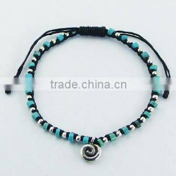 Macrame Bracelet with Silver Twirl Charm and Turquoise Beads