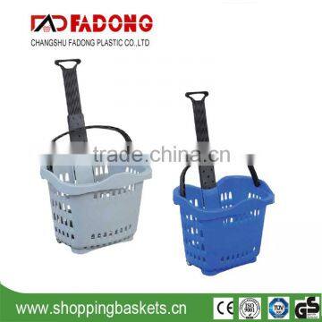 Hot sale rolling supermarket shopping plastic basket with 2 wheels widely use in supermarket and home