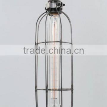 Elongated Pendant Light Hand Built Raw Steel Bulb Guard | Long Tube Cage Suspension Lamp