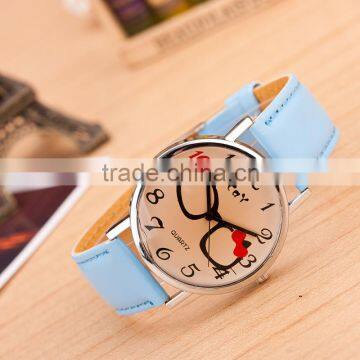 Alibaba Express Hot Sale wholesale cheap Colorful Lovely Glasses Blue Leather Watch in Stock!