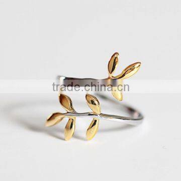 925 sterling silver ring edition fresh electroplating gold leaves open ring wholesale