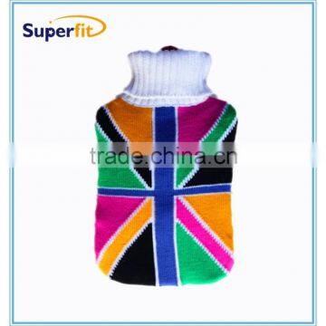 hot water bottle with UK flag knitted cover