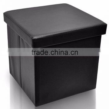 Foldable Storage Ottoman - Contemporary Faux Leather Ottoman With Cover, Black