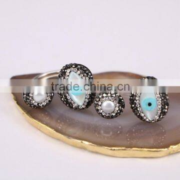 Wholesale Natural evil eye shell rings, rhinestone pave pearl 925 sterling silver rings in adjustable size