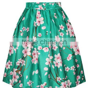 2015 Women Long Skirt Floral Digital Printing Green Puff Skirt Cheap Price High Quality N19-13