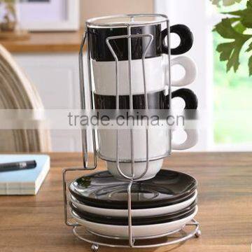 4-Piece Stackable Espresso Coffee/Tea Cup Set White and Black Fine Porcelain With Metal Stand Two Type in Stock photo-5