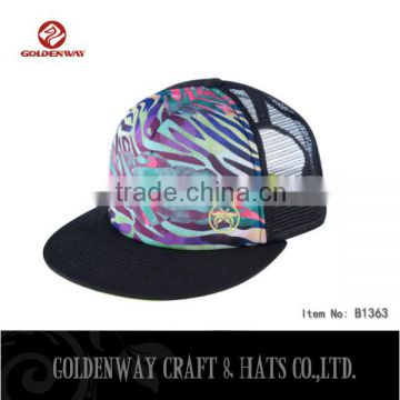 wholesale snapback flat brim mesh blank 100 polyester printed mesh trucker cap