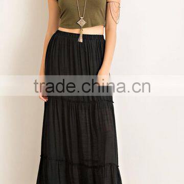 Long Skirt Models Elastic Waist Solid Crinkle Tiered Maxi Skirt Party Wear Long Skirts