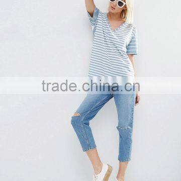 OEM Custom Cotton Women Plain Stripe Printed Short Sleeve Ladies T Shirt