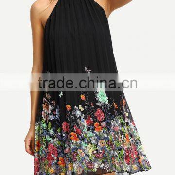 Floral Print Halter Neck Pleated Dress New Fashion Summer Women Dress photo-3