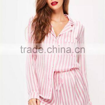 MGOO Custom Pink Stripe Satin Pyjamas High Waist Women Sleepwearing Satin All Over Print Nightwear photo-2