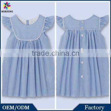 One Piece Girls Party Dresses With Low MOQ Puff Sleeve Blue Stripes / 100% Cotton Knee Length Fancy Dresses For Baby Girl