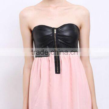 2017 New Fashion Patchwork Chiffon Skirt Black Leather Tube Top