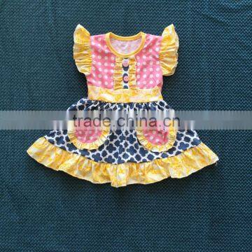 XF-124 New arrival girls easter dress pocket design flutter sleeve girls dress quatrefoil polka dot print baby girls dress