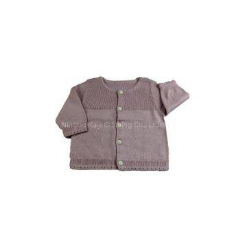 100% cotton factory made infant\'s crewneck rib cardigan sweater in purl stitch