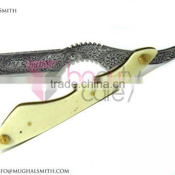 Stainless Steel Barber Razor Blade Engraved With White Bone Handle photo-3