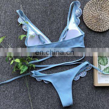 Ruffle Backless Bikini Sets Women Solid Falbala Tied Sexy Thong Two Pieces Swimwear 2019 Girl Beach Embroid Swimsuits