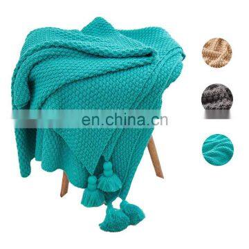 Recycling Green Color Knit Rustic Home Decor Bedding Blanket Cotton Cable Knit Throw Blankets With Tassels photo-3