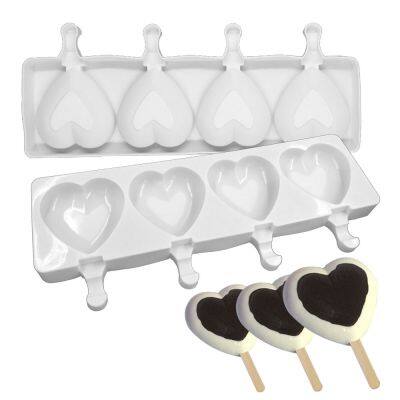 4 Cavity Ice Cream Mold Heart Shape Silicone Popsicle Form Maker Ice Lolly Moulds Ice Cube Tray For Party Bar Decoration