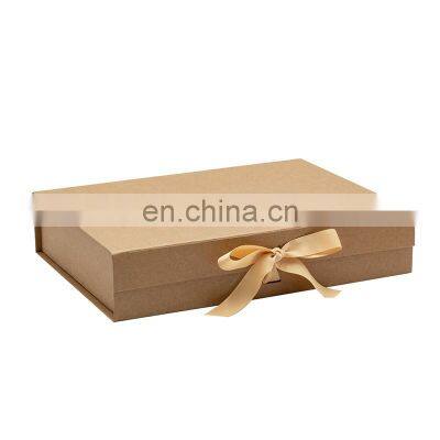 Custom ribbon design deluxe rigid kraft paper folding gift box with magnetic lid