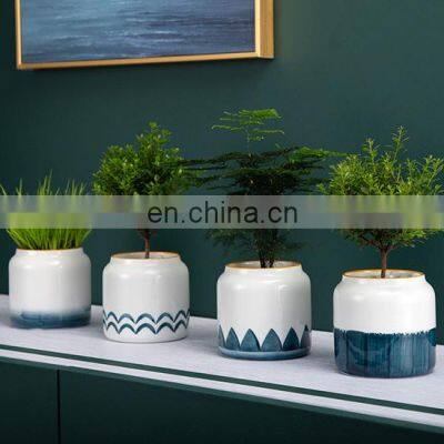 Top Fashion Decorative Pots Rectangle Metal Modern Garden Cheap Ceramic Succulent Smart Face Flower Pot With Bamboo Tray