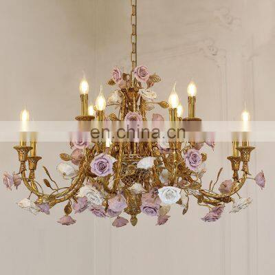 French Luxury Living Room Dining Room Villa Brass Ceramic Flower Romantic Copper Chandelier photo-2
