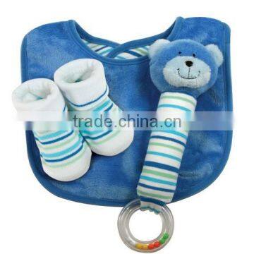 Baby Soft Gift Set / Baby Rattle Bootie Socks Reversible Bib Gift Set