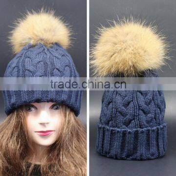 Hot Popular Real Raccon Fur Pompom Women Kintted Winter Wool Caps And Hats