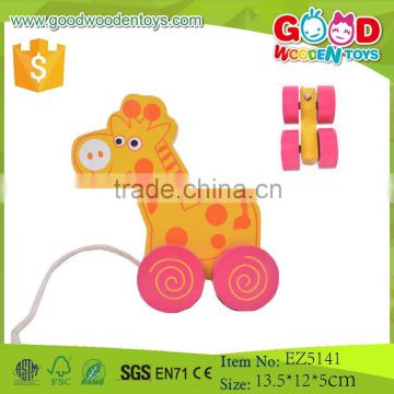 2015 Lovely Design and Hot Sale 4 Wheels Giraffe Shape Animal Toy Wooden Pulling Car Toy