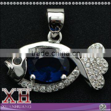 Made in China Sterling Silver White CZ Blue Sapphire Fish Pendant