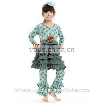 2016 fall winter holiday clothes flower printing clothes cotton baby girls kids outfits cheap Halloween Ruffle Outits