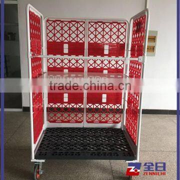 Hot sale folding metal logisitc moving mesh roll container with plastic base panel