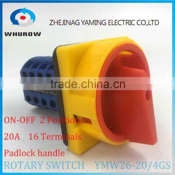 Rotary switch YMW26-20/4GS with padlock handle changeover cam switch 20A 690V 2 positons 4 sections 16 terminals sliver contact