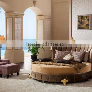 Hotel Bedroom Furniture Fabric Round Bed Glod Leaf Classic Solid Wood Legs DHR01 photo-4