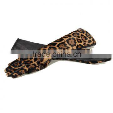 Fashion Dress Long Leather Gloves Ladies,Made With Hair Sheep Skin And Leopard Printing ponyhair back