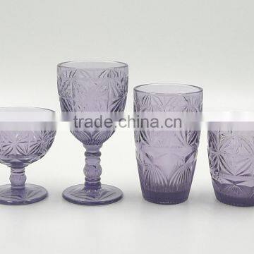 press drinking glass/Wine goblet,Hiball,DOF, sundae cup color glass in Lilac with geometric designs emboss