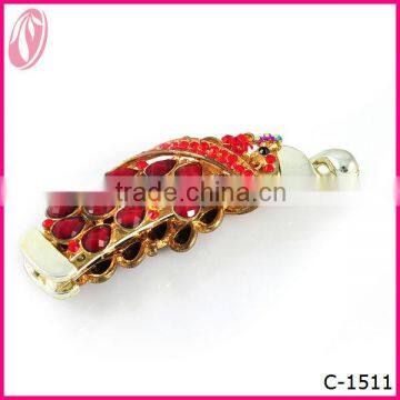 Latest French Red Diamond girls plastic hair barrettes Banana Peacock Hair Clips For Sale