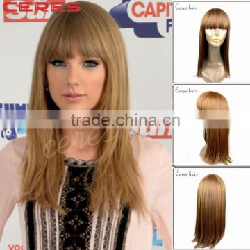 dark blond yaki long synthetic wig with bangs 18inch with premium Japanese fiber hair wig