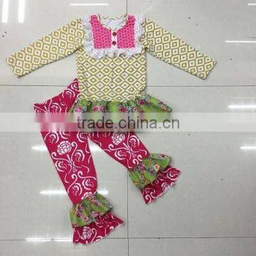 2015 new arrival giggle moon remake girls outfits diamond printing floral pant cute baby girls clothing set quick production