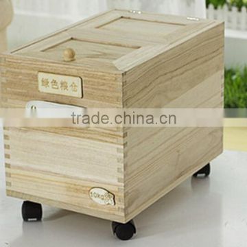 Square wooden rice box with wheels