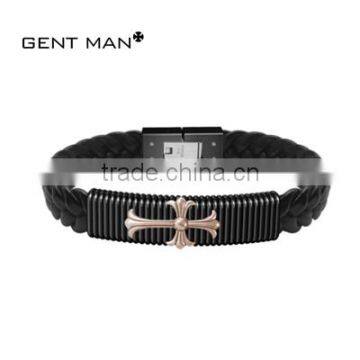 Black plated jewelry wide braided black leather and stainless steel bracelet for men products